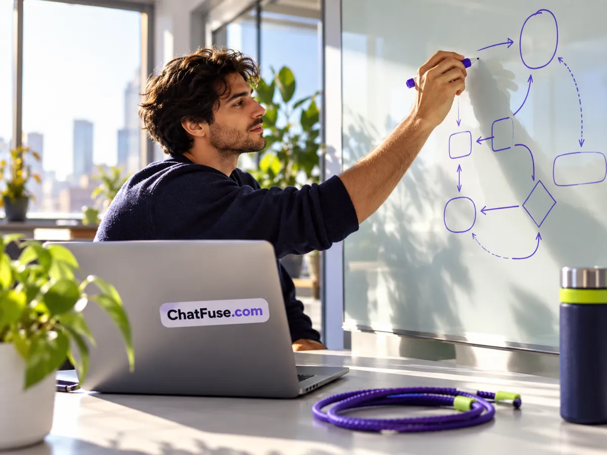 A man sketching a workflow on glass beside a laptop labeled ChatFuse.com