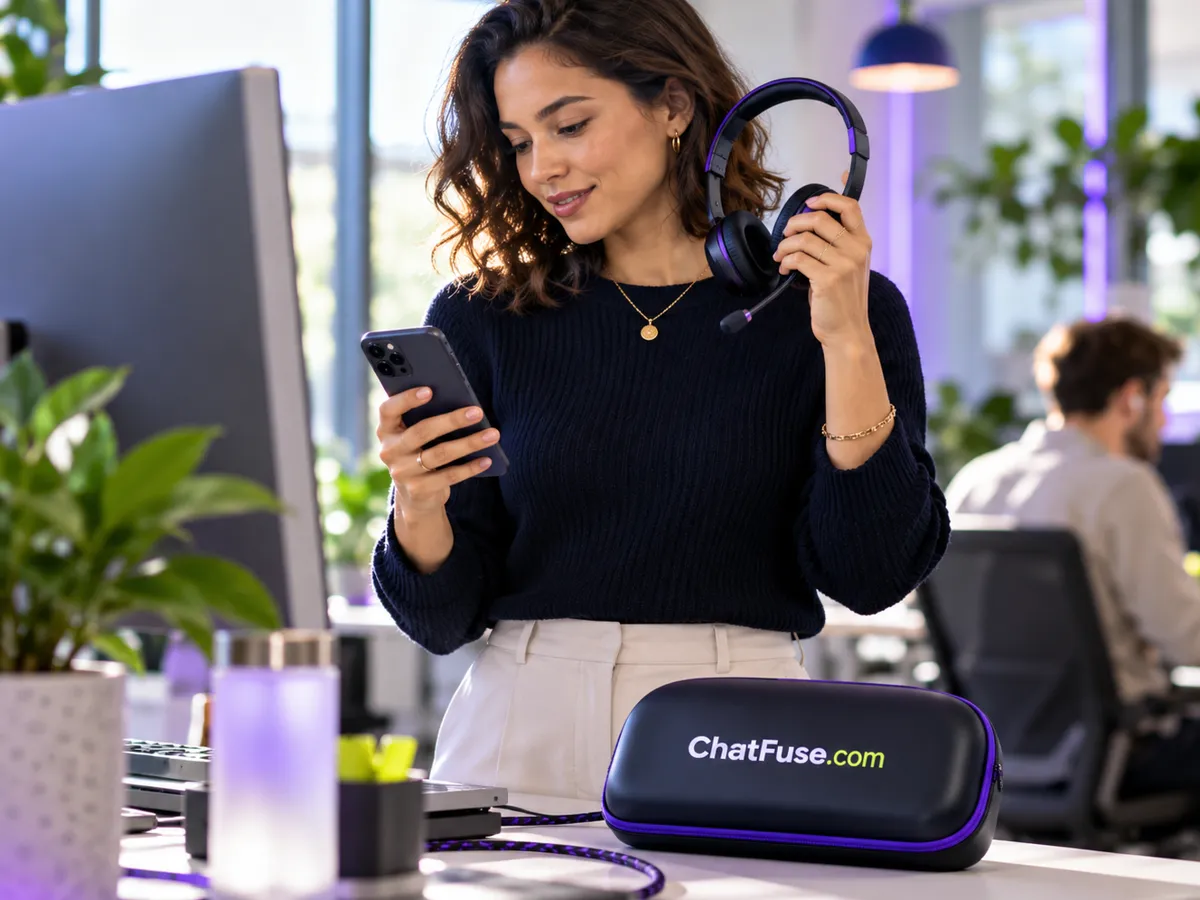 A woman holding a phone and headset beside a case labeled ChatFuse.com