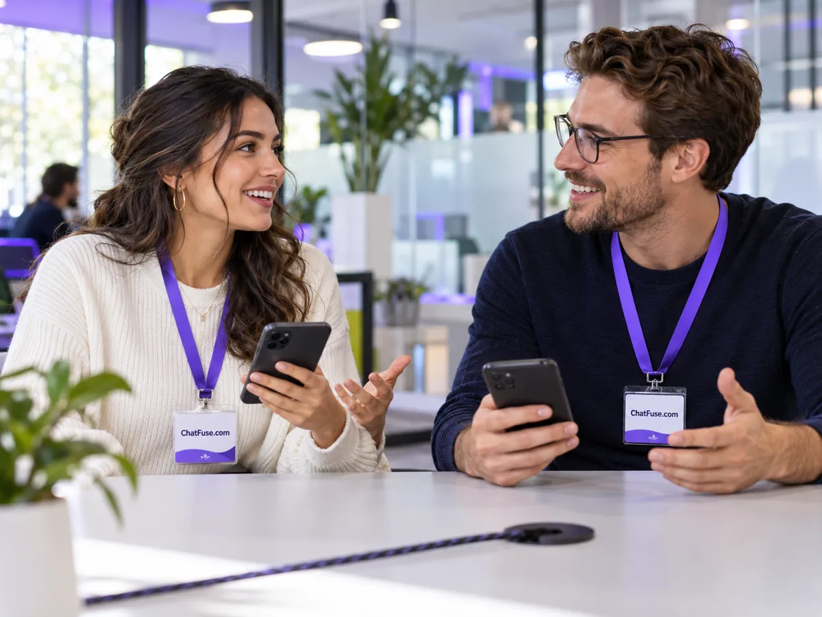 Two colleagues holding phones and wearing ChatFuse.com lanyards