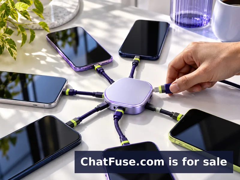 Several phones connected to a central hub; small ChatFuse.com is for sale watermark